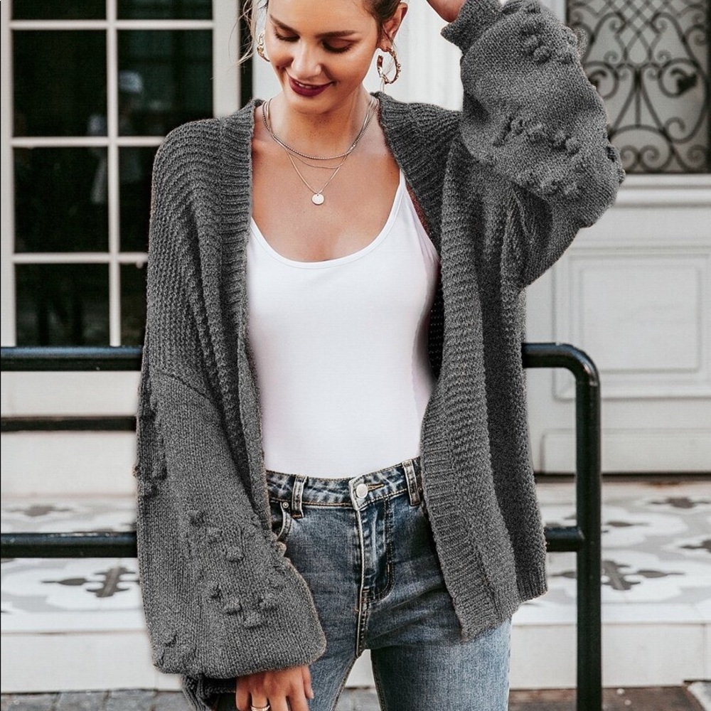 Charcoal heart pom Balloon Sleeve Knit Cardigan - Picture 4 of 5